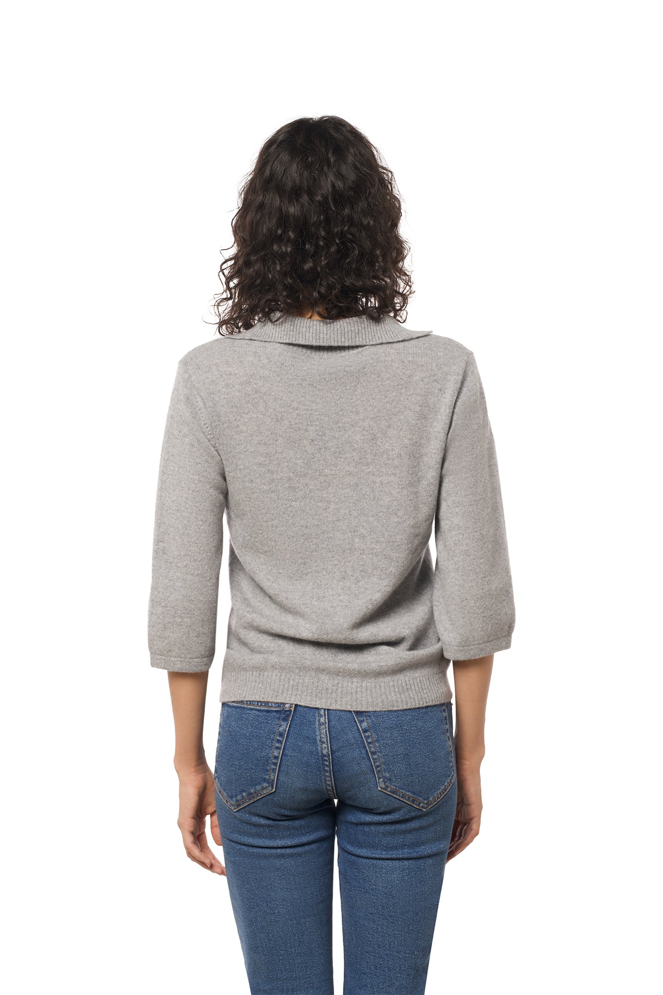 Kortermet lysegrå kasmir polo v-hals