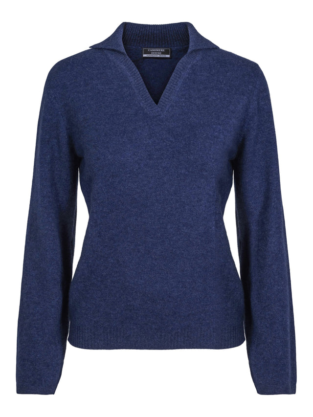 Classic demin cashmere sweater with v-neck and collar