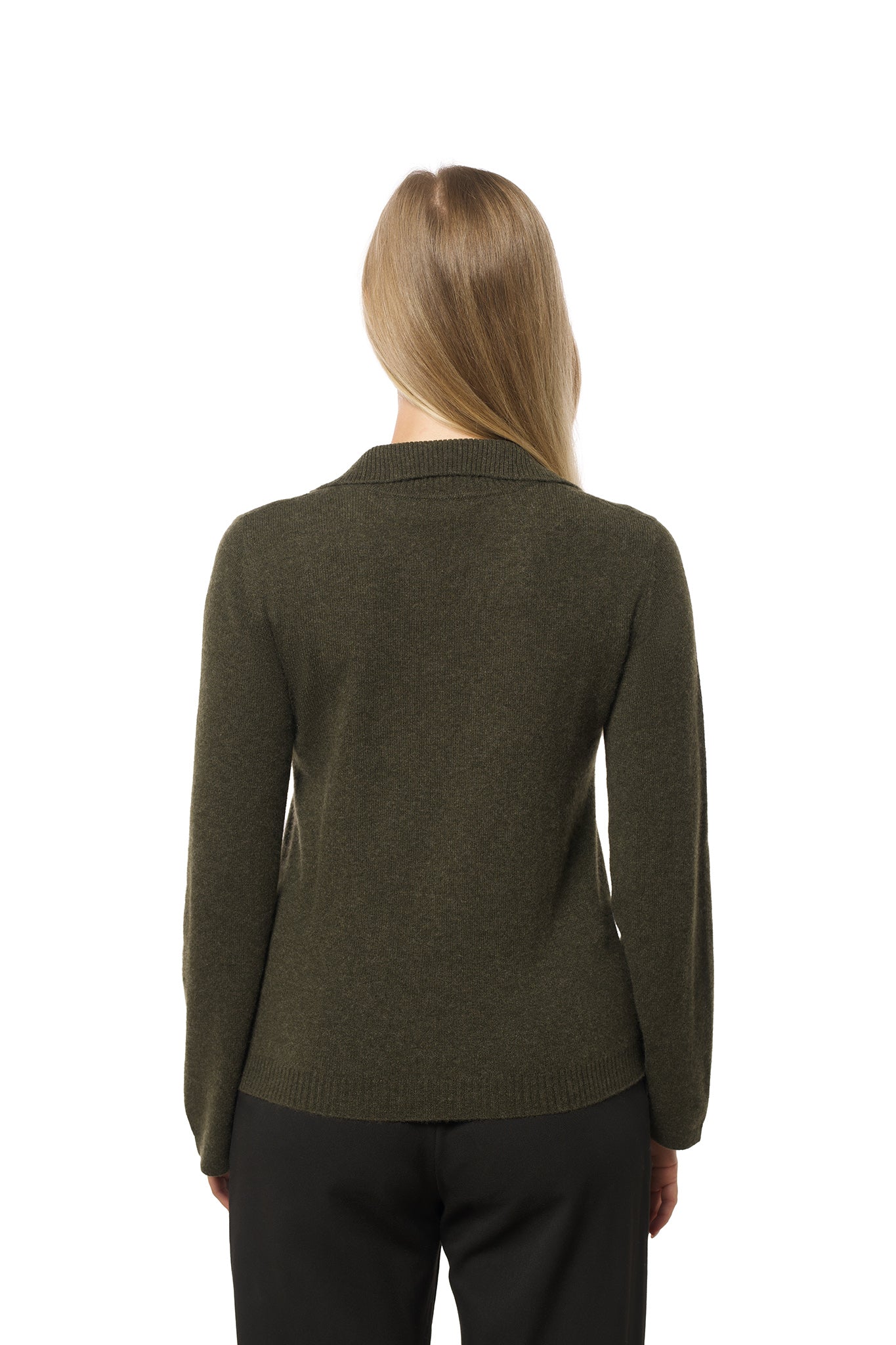 Klassisk mosegrønn kashmir genser med v-hals og krage