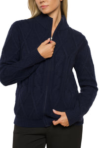 Thick Cable Knit Cashmere Jacket – Navy Blue